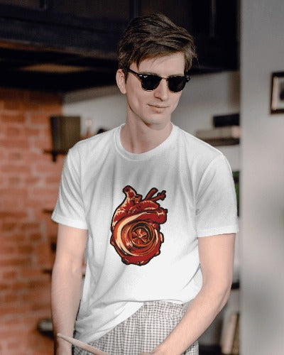 Car Series Turbo Heart White T-Shirt - Half Sleeve
