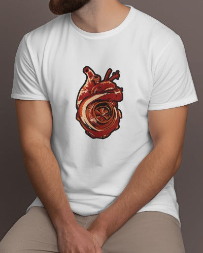 Car Series Turbo Heart White T-Shirt - Half Sleeve